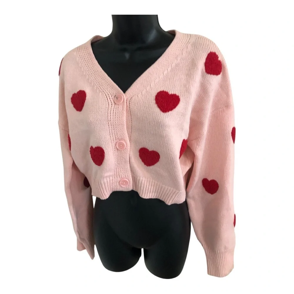 Jessica Simpson tufted embroidered red hearts cropped pink cardigan‎ size medium